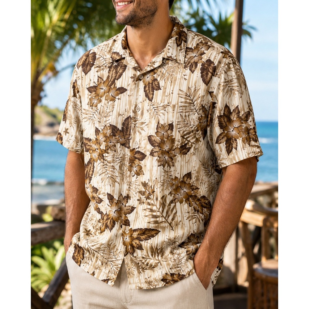 Island Blue Mens XL Brown Tropical Floral RayonAloha Hawaiian Shirt Short Sleeve
